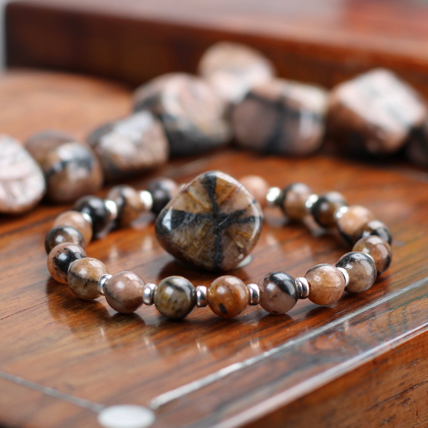 Chiastolite Power Bracelet With Sterling Silver & Tumble Stone