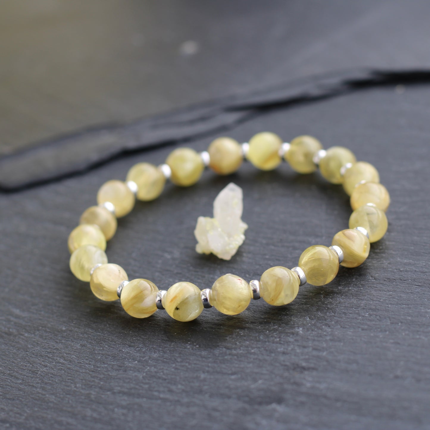 Yellow Mica Power Bracelet With Sterling Silver & Lepidolite Specimen