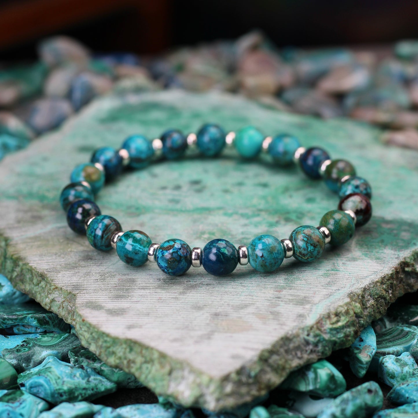 Chrysocolla & Azurite Power Bracelet With Sterling Silver & Tumble Stone