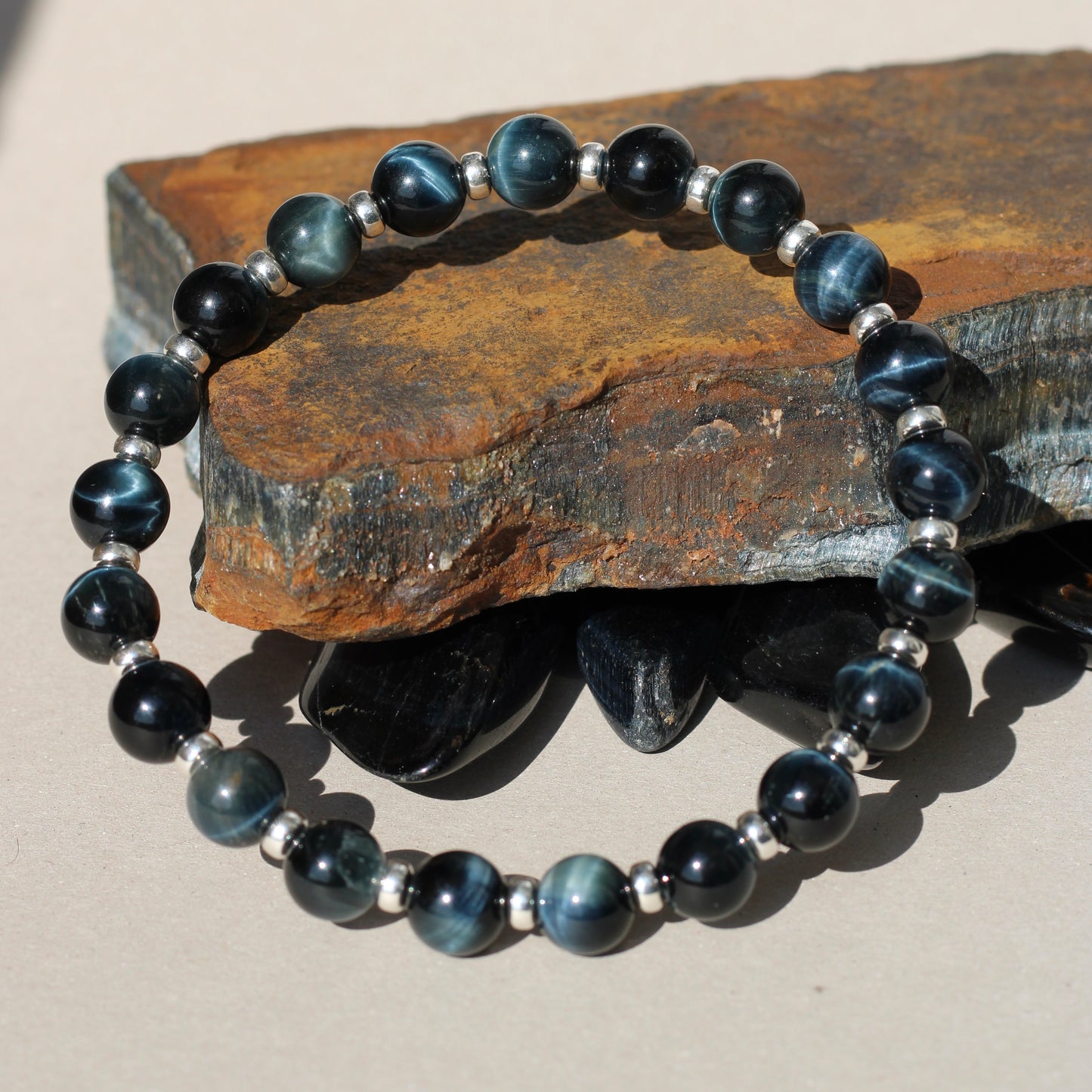 Blue Tigers Eye Power Bracelet With Sterling Silver & Hawks Eye Tumble Stone.