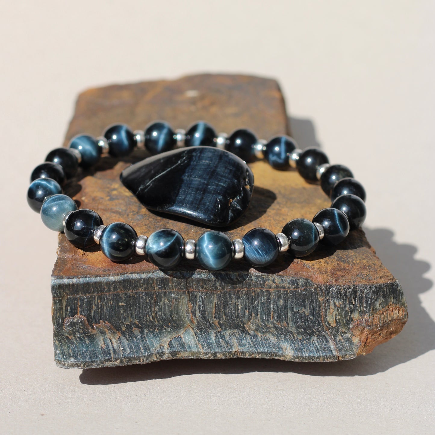 Blue Tigers Eye Power Bracelet With Sterling Silver & Hawks Eye Tumble Stone.