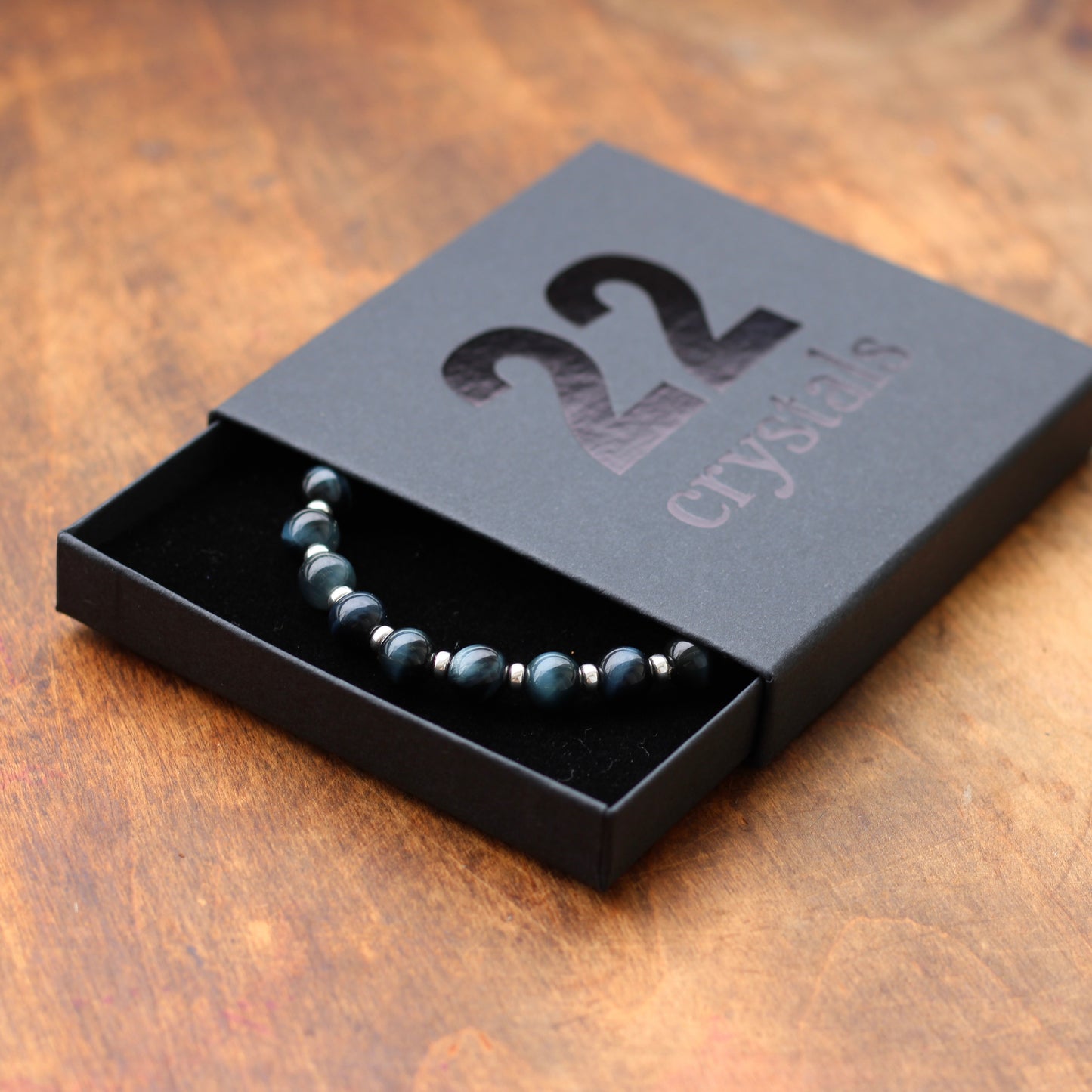 Blue Tigers Eye Power Bracelet With Sterling Silver & Hawks Eye Tumble Stone.
