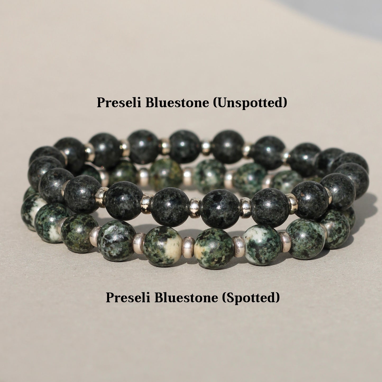 Preseli Bluestone (Unspotted) Power Bracelet With Sterling Silver & Dolerite Tumble
