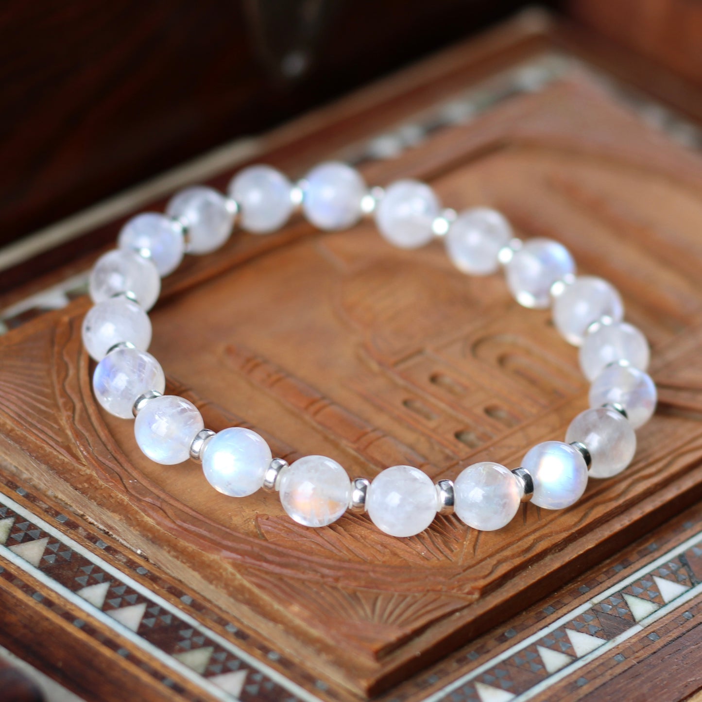 Rainbow Moonstone AA Power Bracelet With Sterling Silver & Free Tumble Stone