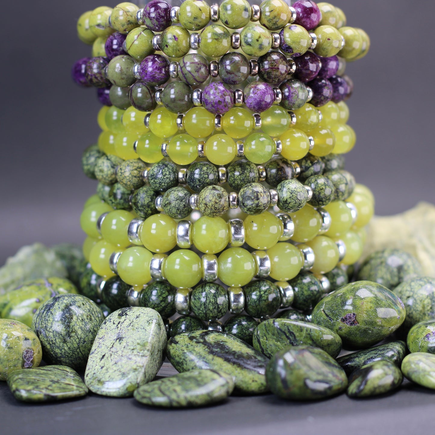 Serpentine Chunky Power Bracelet With Sterling Silver & Serpentine Tumble Stone
