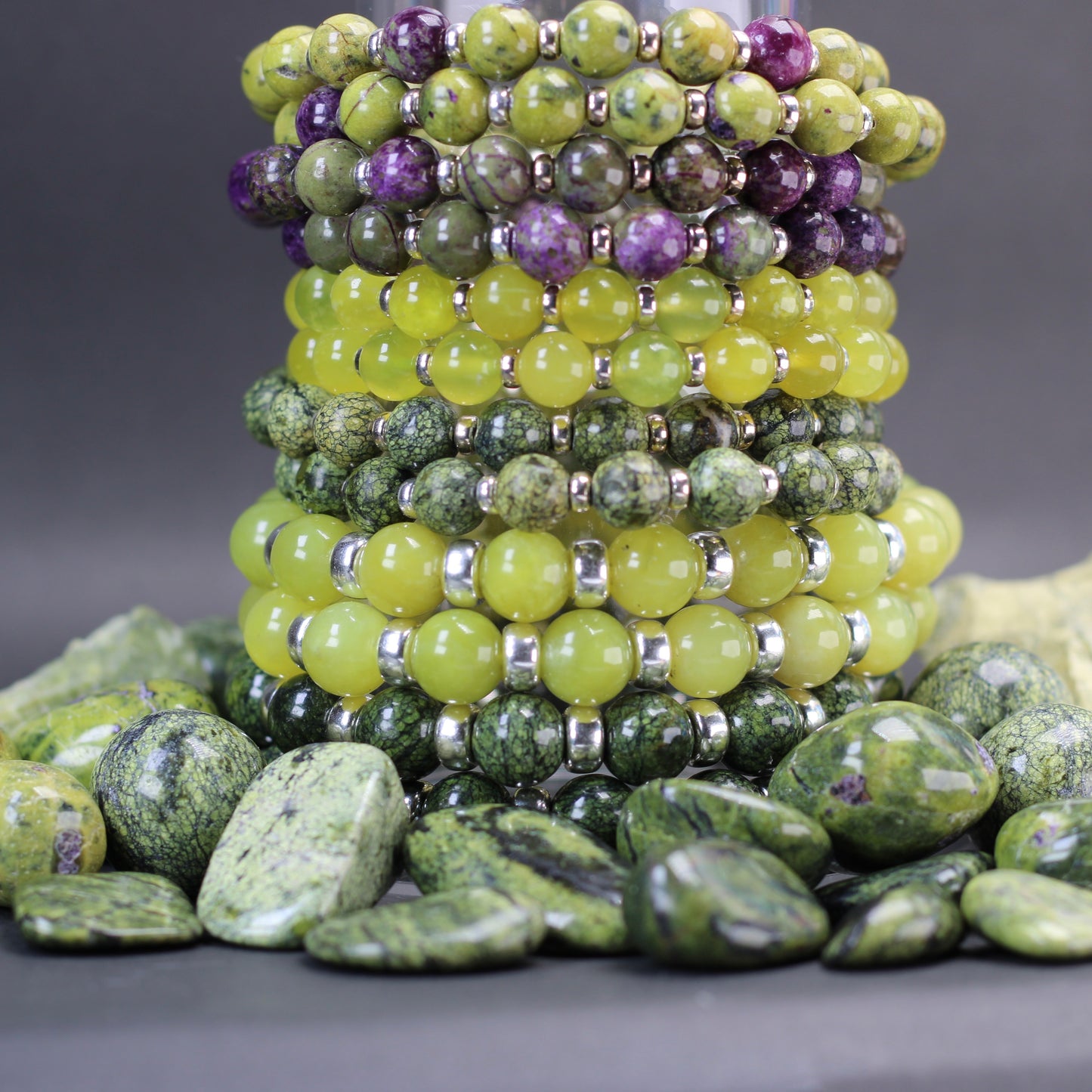 Olive Serpentine Chunky Power Bracelet With Sterling Silver & Healerite Tumble Stone