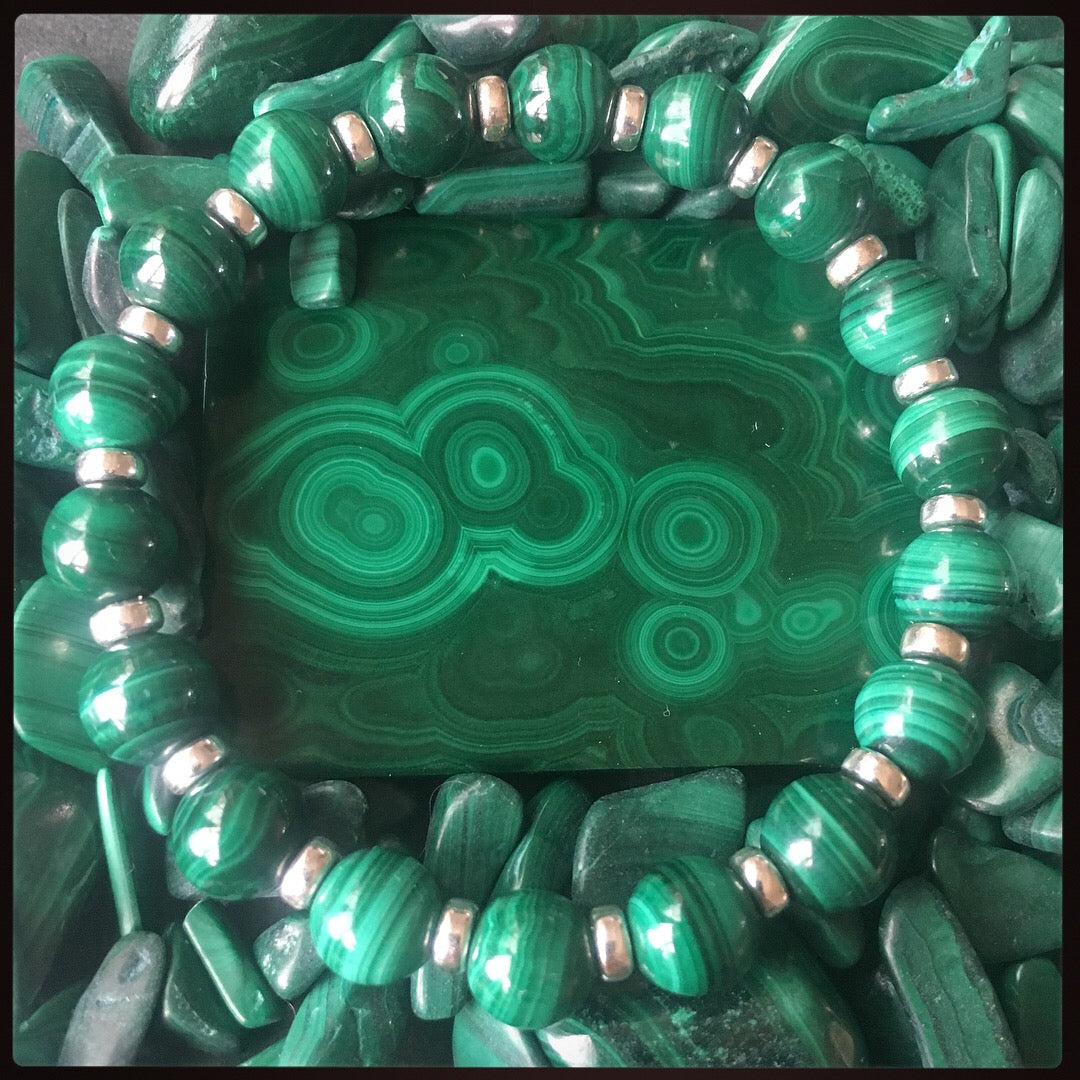 Malachite Power Bracelet With Sterling Silver & Malachite Tumble