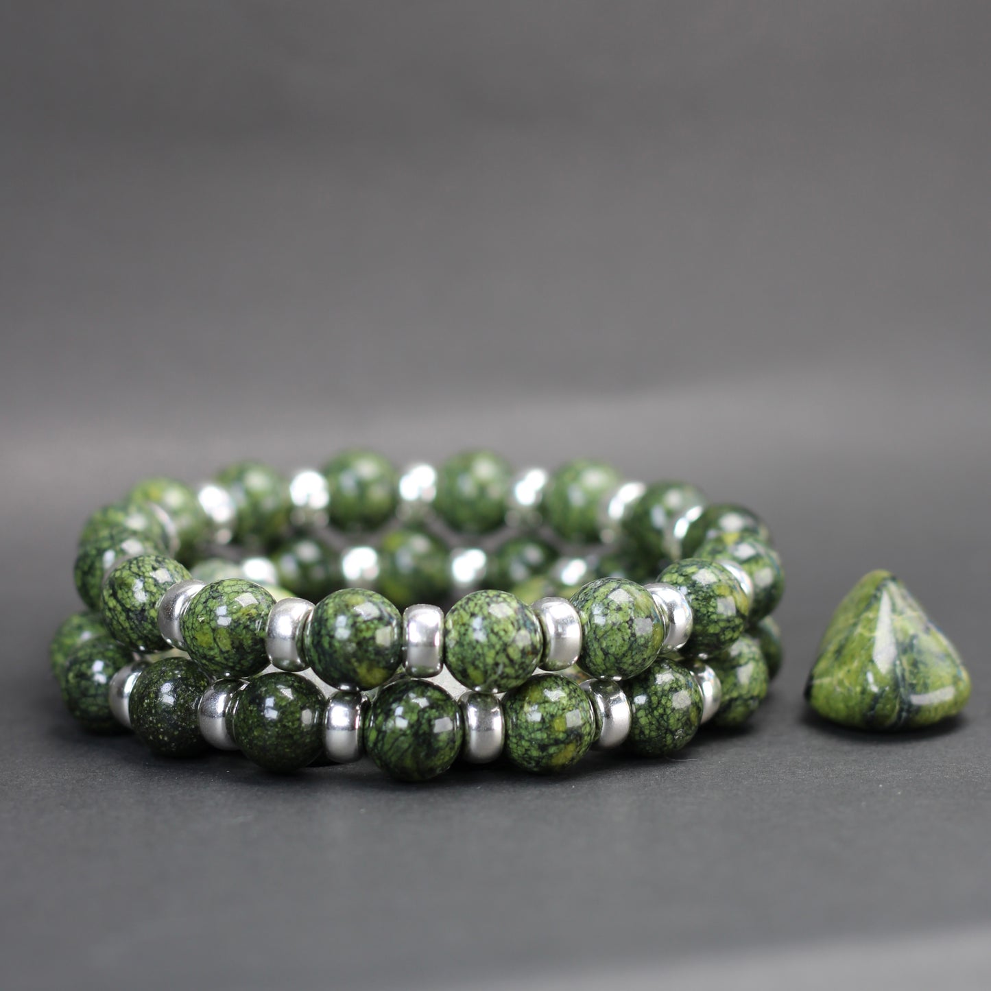 Serpentine Chunky Power Bracelet With Sterling Silver & Serpentine Tumble Stone