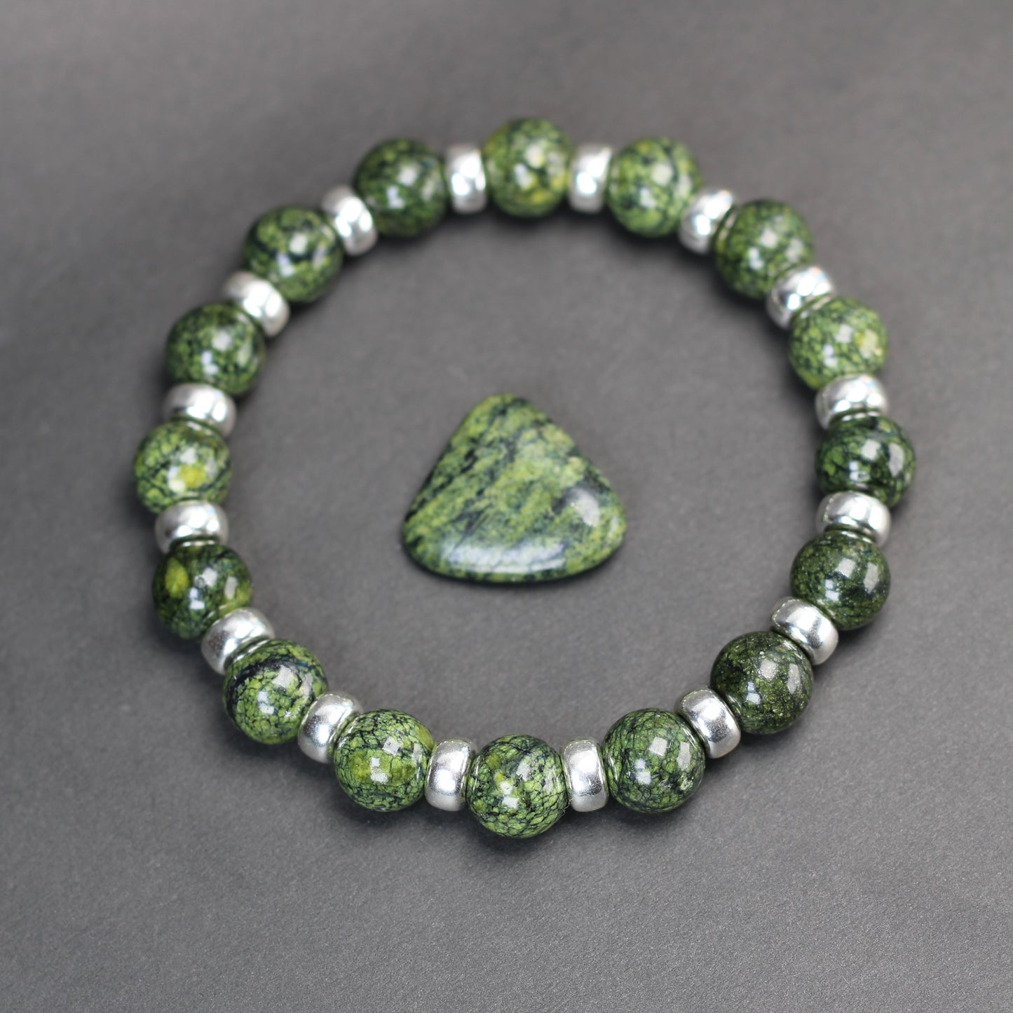 Serpentine Chunky Power Bracelet With Sterling Silver & Serpentine Tumble Stone