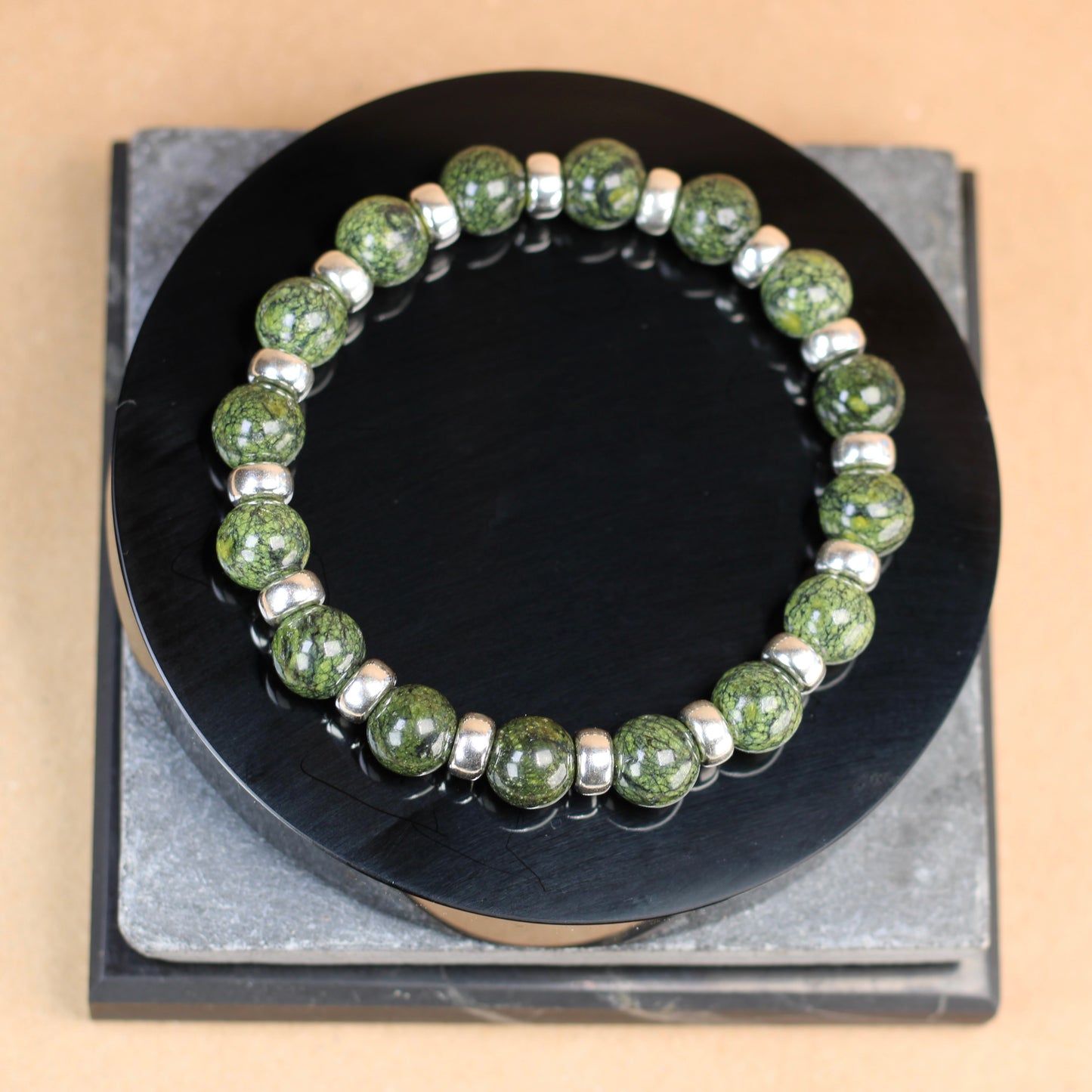 Serpentine Chunky Power Bracelet With Sterling Silver & Serpentine Tumble Stone