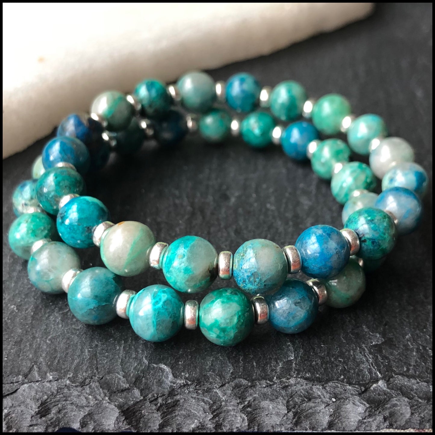 High Grade Chrysocolla Power Bracelets With Sterling Silver & Quantum Quattro Tumble Stone
