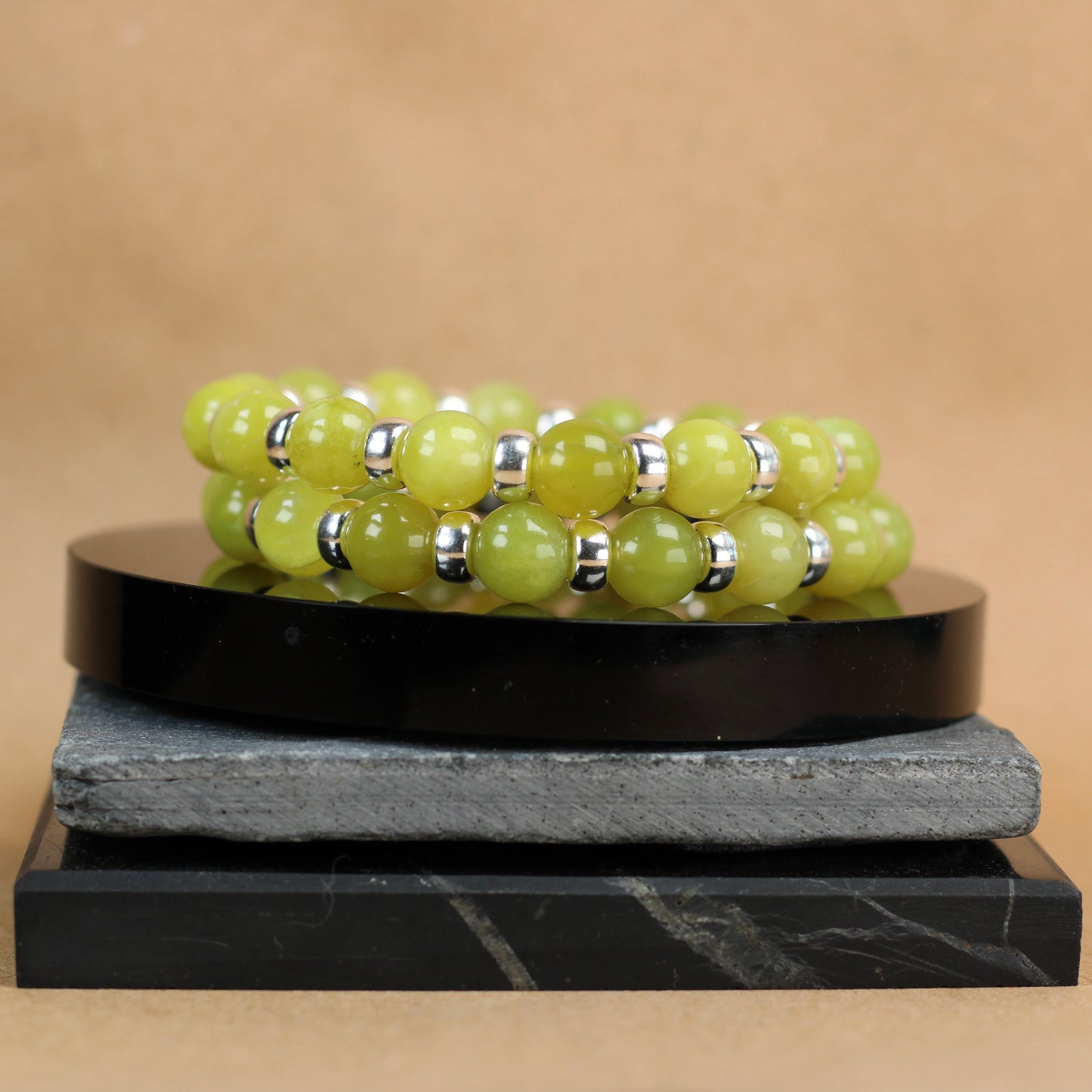 Olive Serpentine Chunky Power Bracelet With Sterling Silver & Healerite Tumble Stone