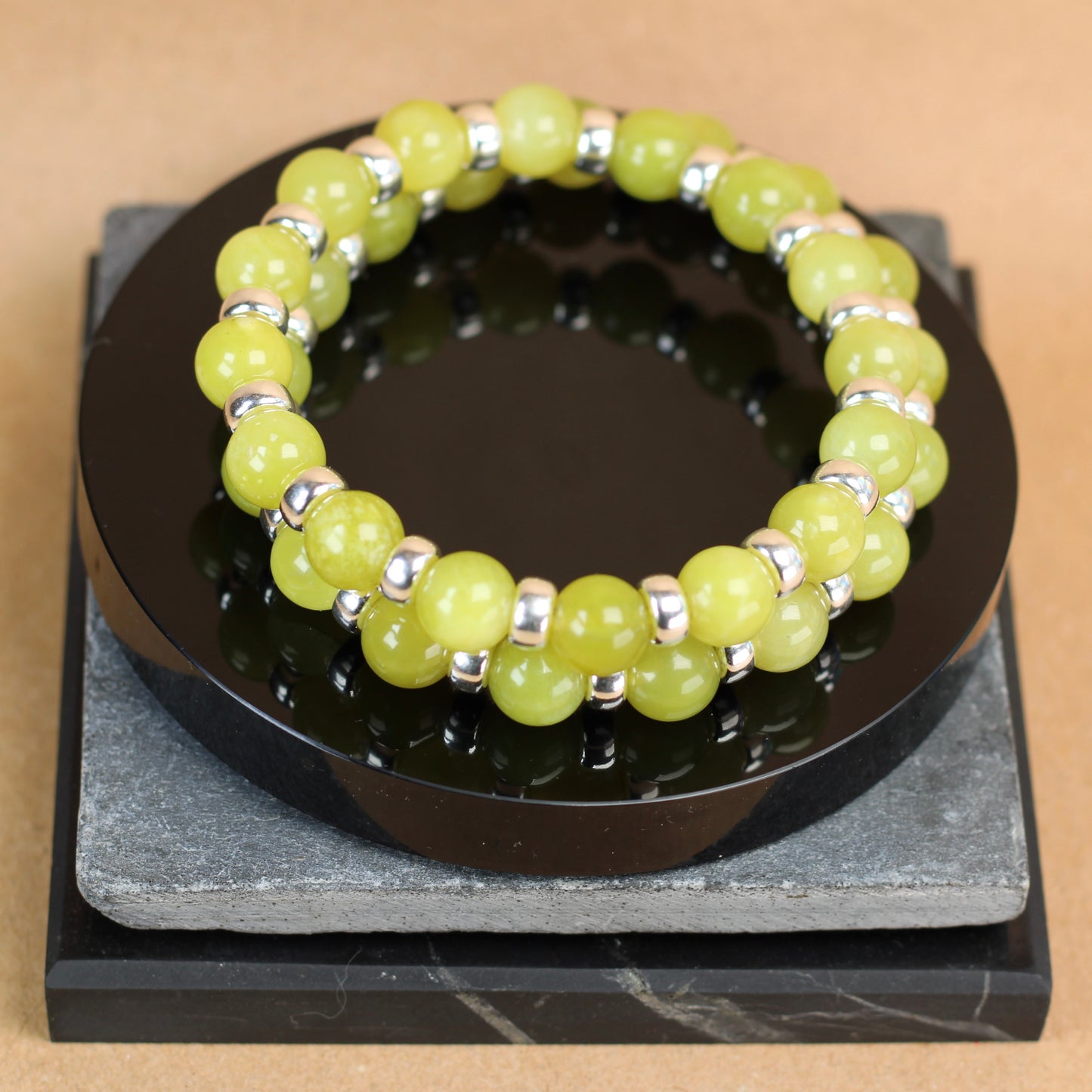 Olive Serpentine Chunky Power Bracelet With Sterling Silver & Healerite Tumble Stone
