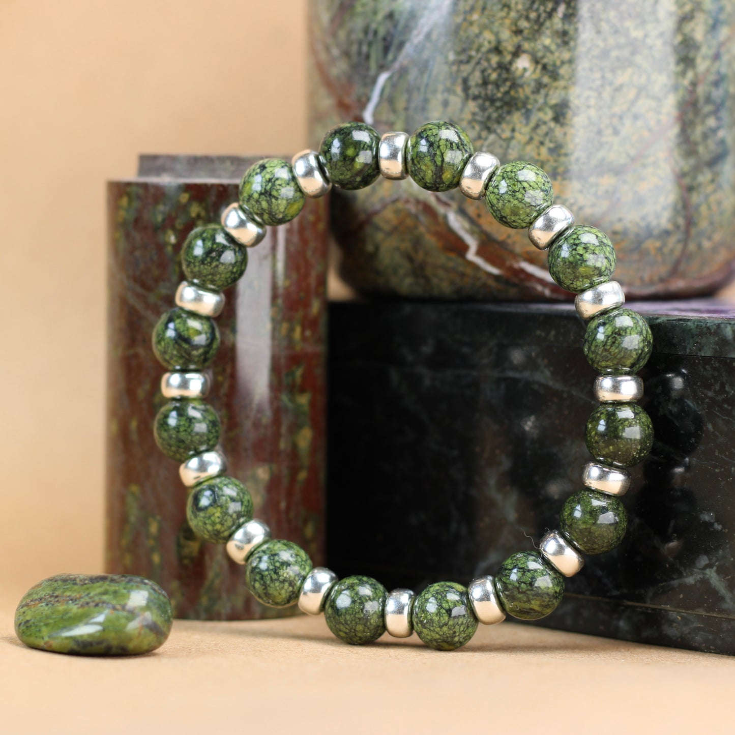 Serpentine Chunky Power Bracelet With Sterling Silver & Serpentine Tumble Stone