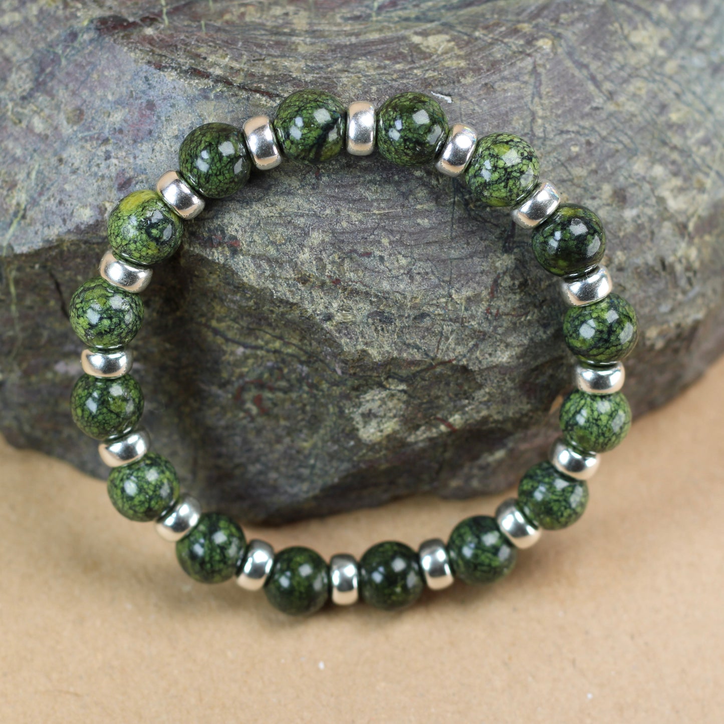 Serpentine Chunky Power Bracelet With Sterling Silver & Serpentine Tumble Stone