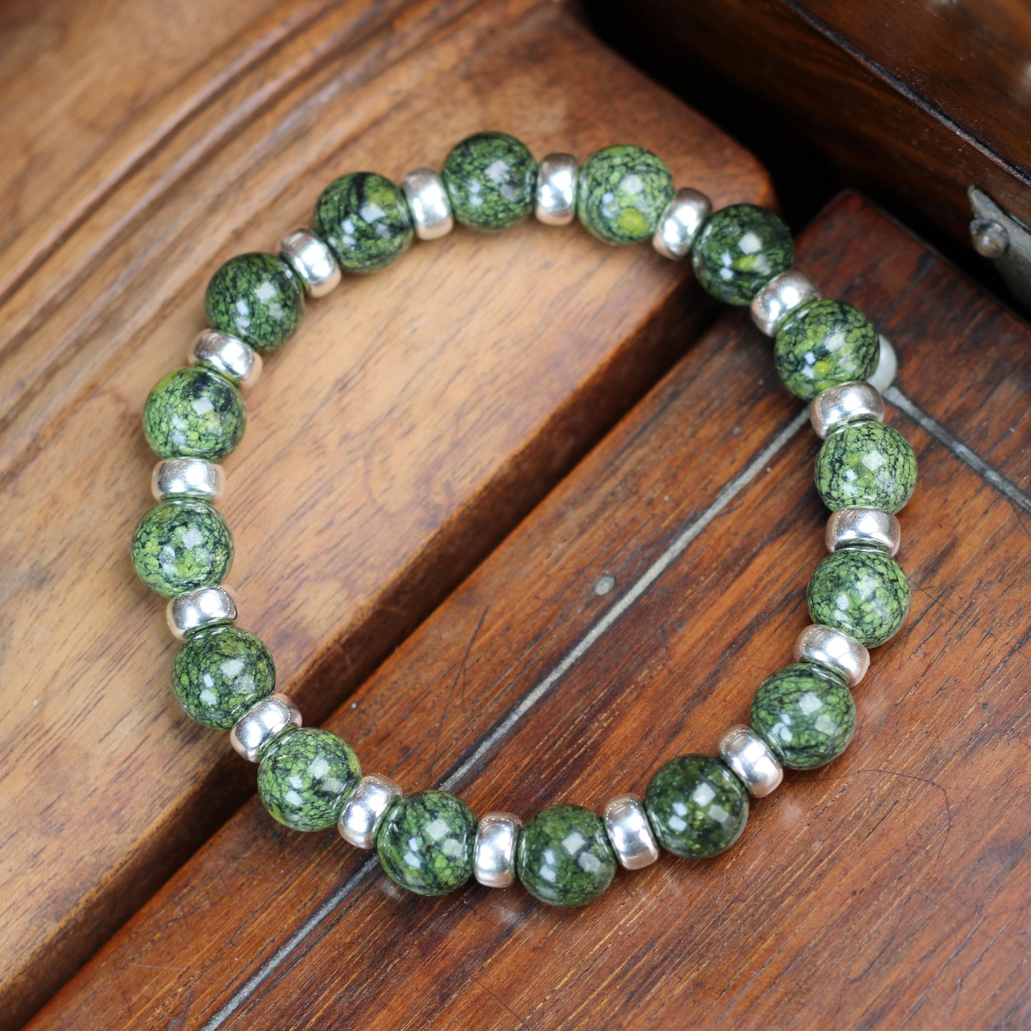 Serpentine Chunky Power Bracelet With Sterling Silver & Serpentine Tumble Stone