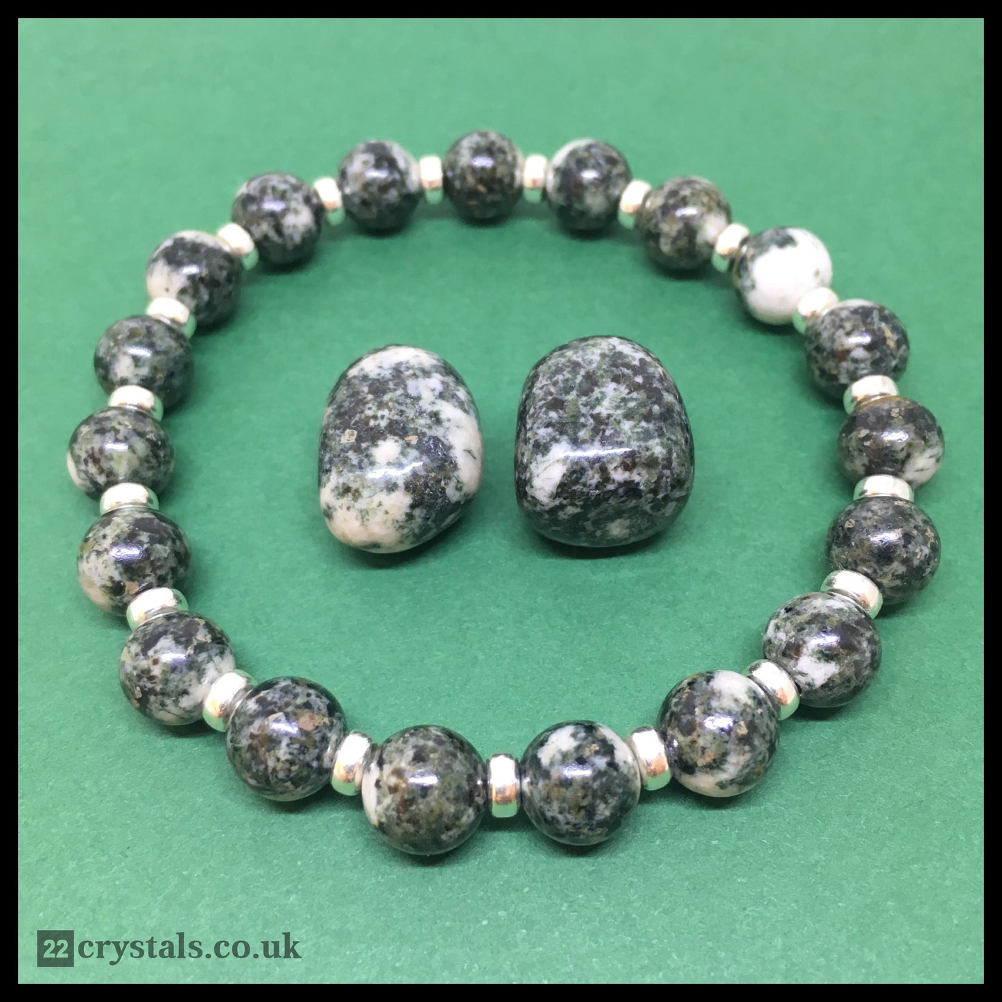 Preseli Bluestone (Spotted) Power Bracelet With Sterling Silver & Dolerite Tumble Stone