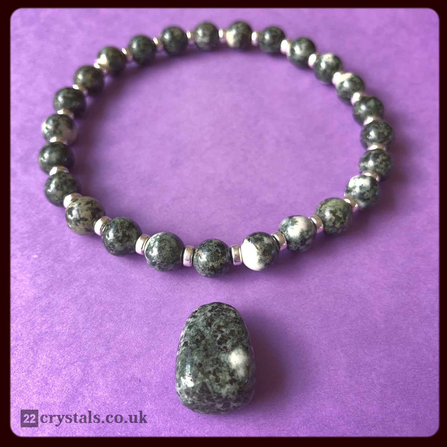 Preseli Bluestone (Spotted) Power Bracelet With Sterling Silver & Dolerite Tumble Stone