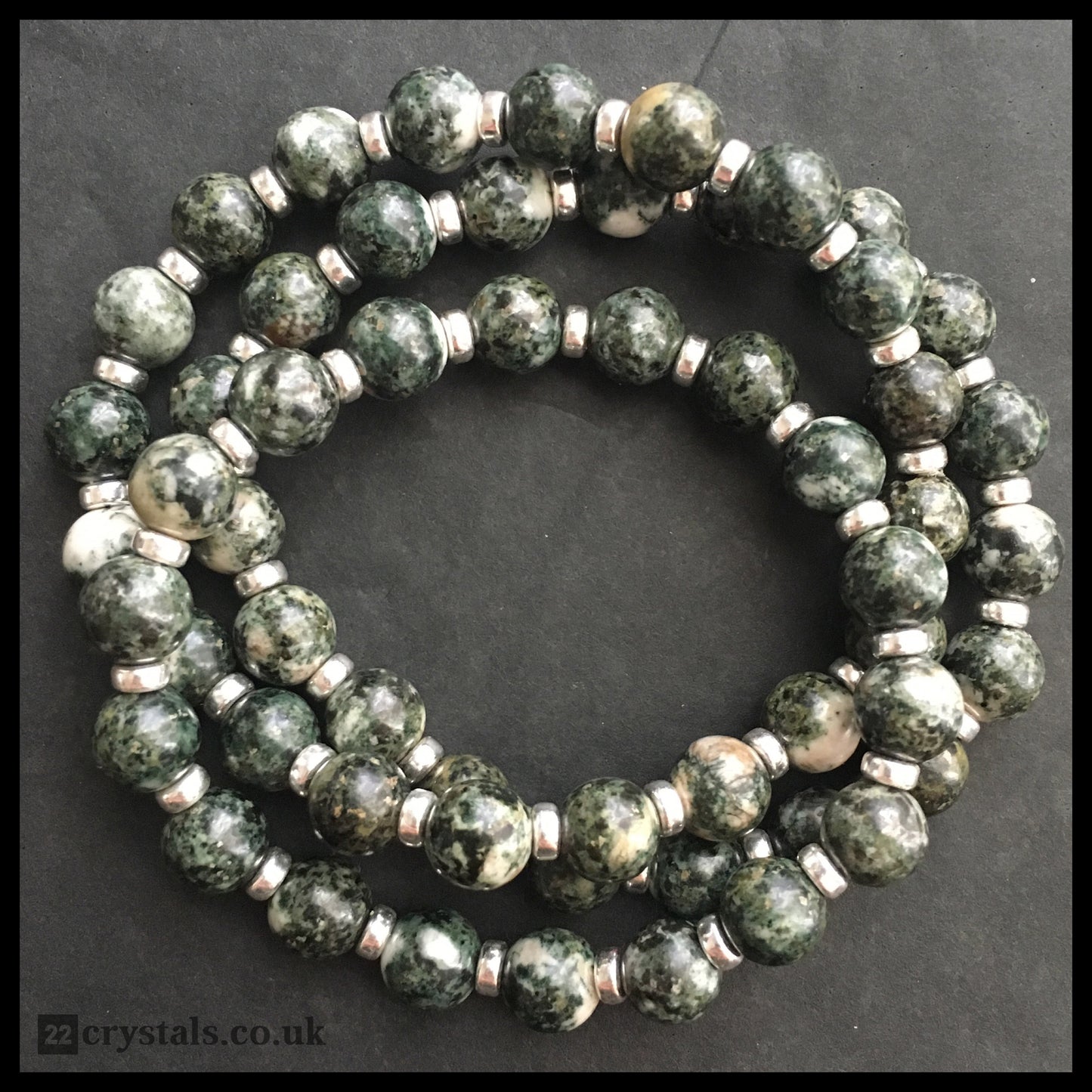 Preseli Bluestone (Spotted) Power Bracelet With Sterling Silver & Dolerite Tumble Stone