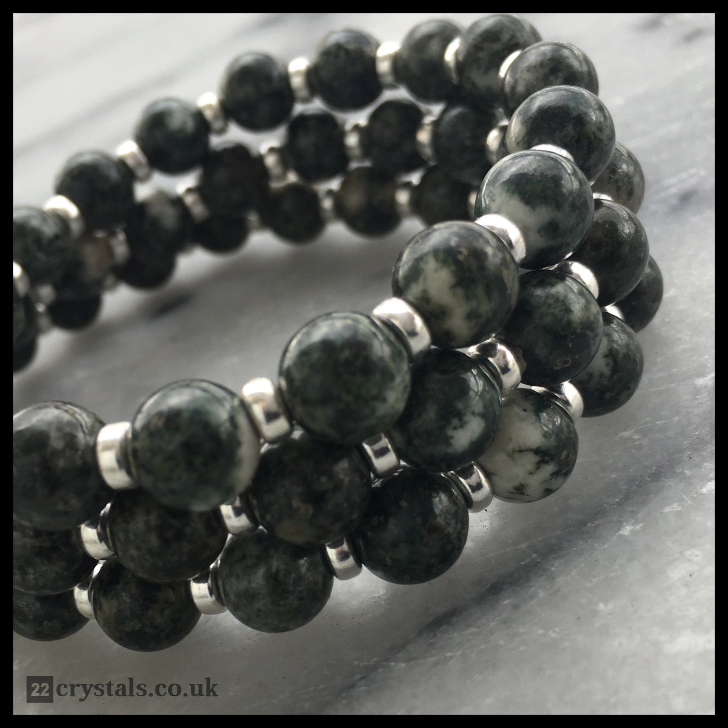 Preseli Bluestone (Spotted) Power Bracelet With Sterling Silver & Dolerite Tumble Stone