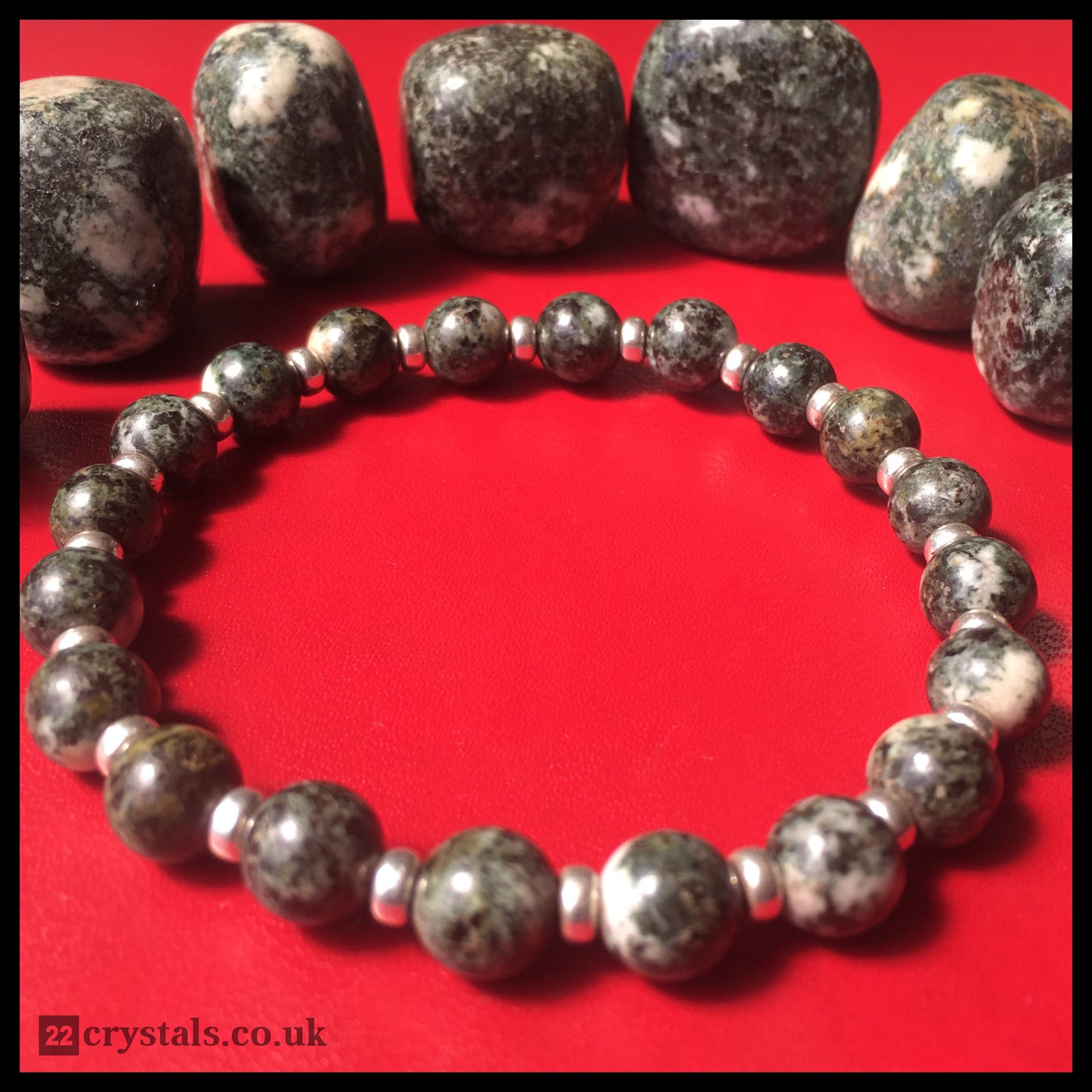 Preseli Bluestone (Spotted) Power Bracelet With Sterling Silver & Dolerite Tumble Stone