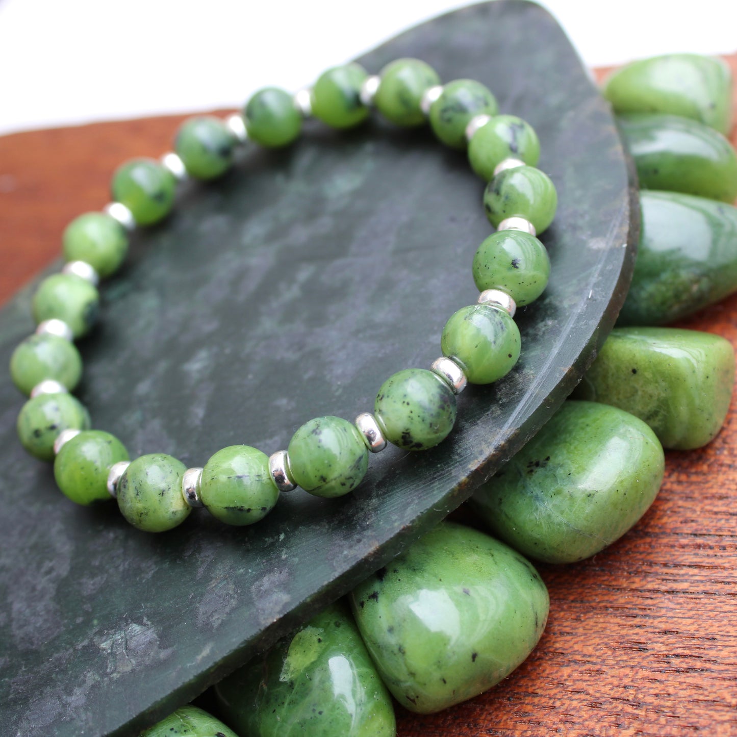 Canadian Jade Power Bracelet With Sterling Silver & Tumble Stone