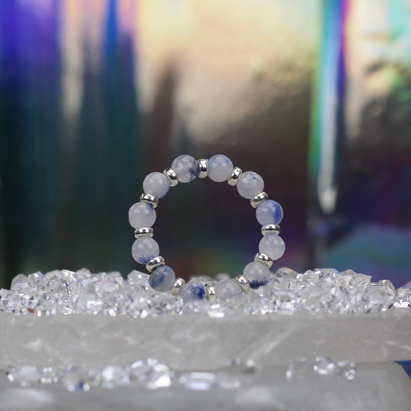 Dumortierite In Quartz RING With Silver. Presented With A Tin, A Tag & A Herkimer Diamond