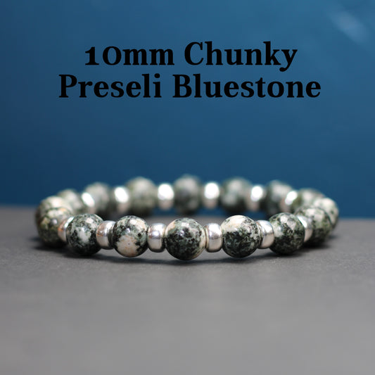 Preseli Bluestone (Spotted) Chunky Power Bracelet With Sterling Silver & Tumble Stone