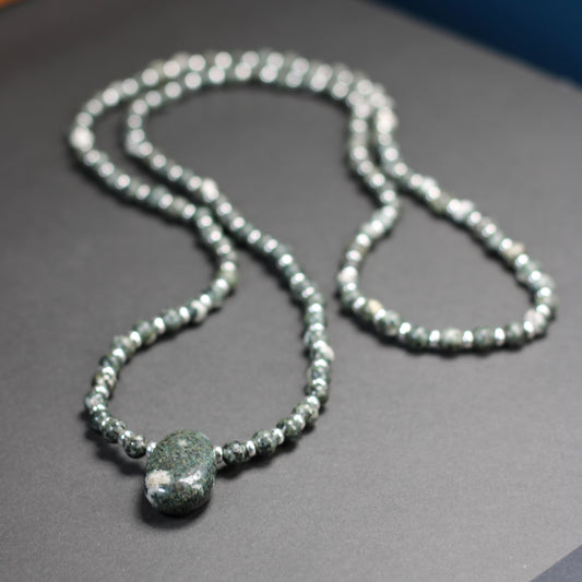 Preseli Bluestone Stonehenge Mala. 108 Bead Necklace And Sterling Silver Accent Bead. Dolorite Tumble Stone. 6mm Beads