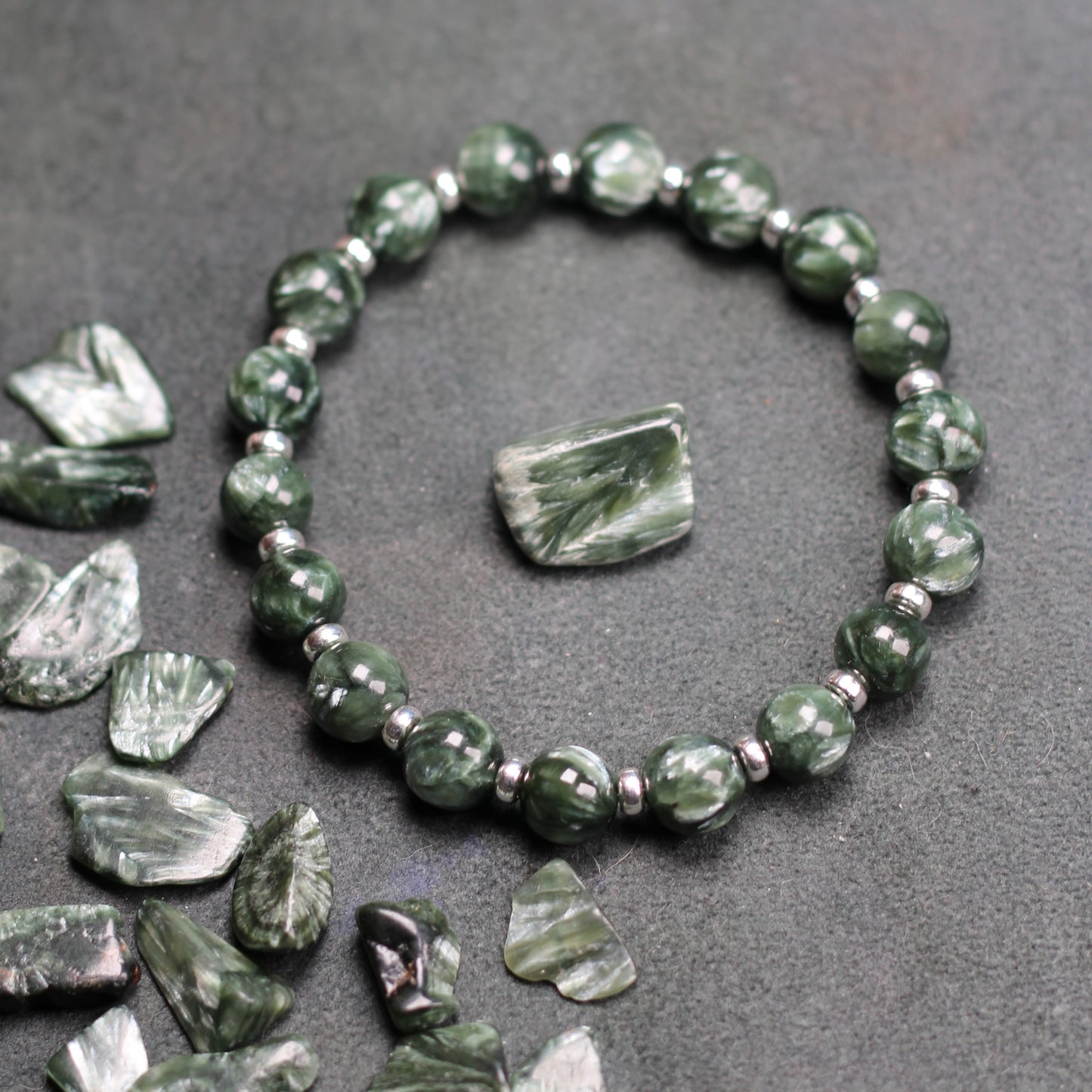 Seraphinite Power Bracelet With Sterling Silver & Tumble Stone