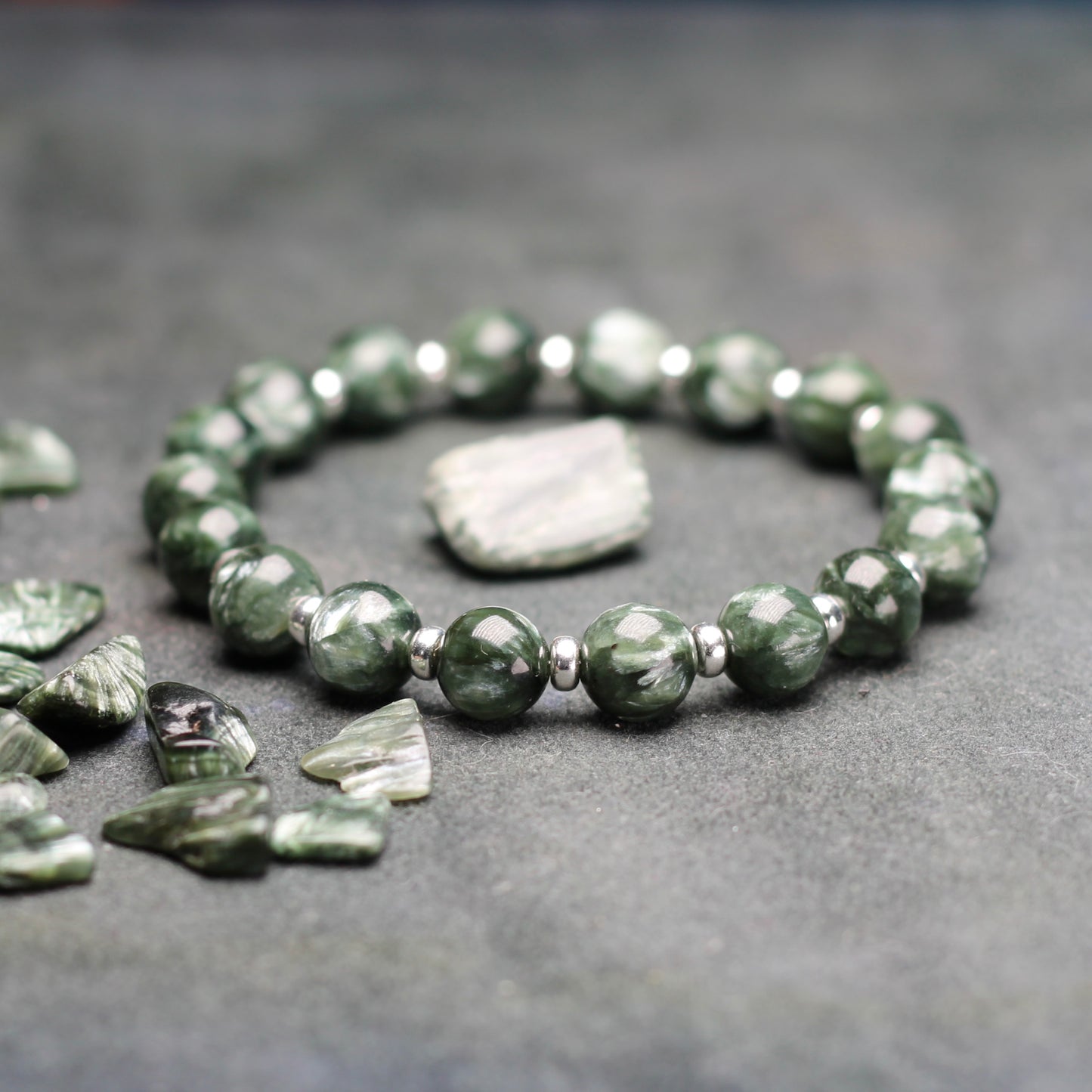 Seraphinite Power Bracelet With Sterling Silver & Tumble Stone