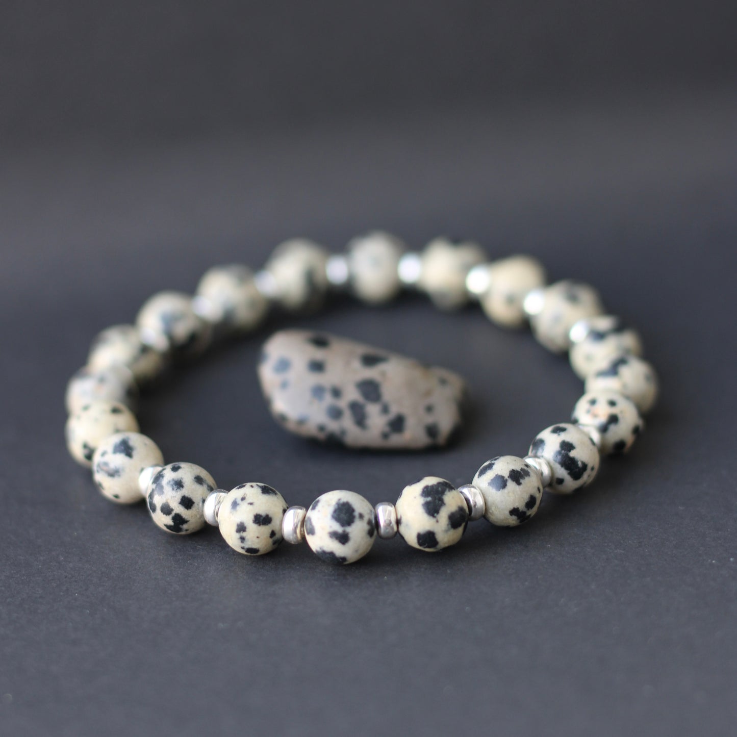 Dalmatian Stone Power Bracelet With Sterling Silver & Tumble Stone