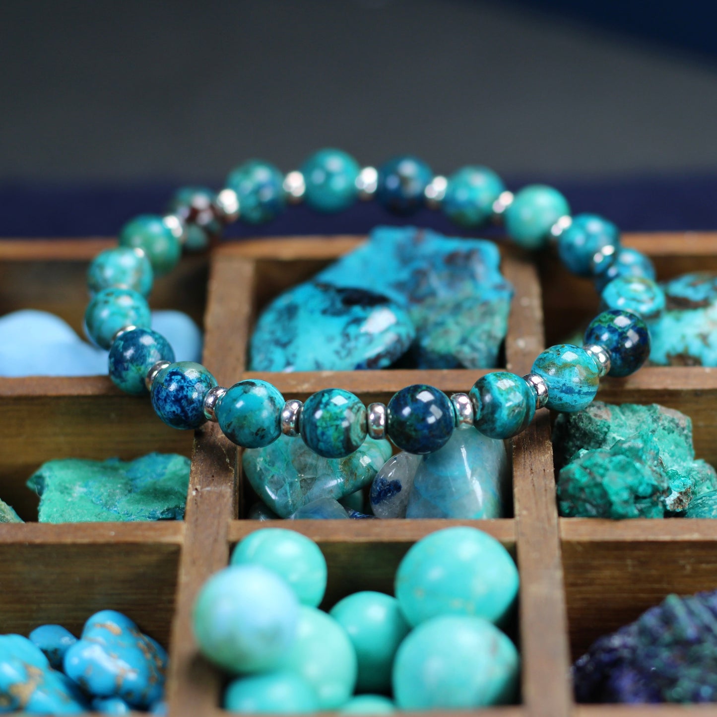 Chrysocolla & Azurite Power Bracelet With Sterling Silver & Tumble Stone