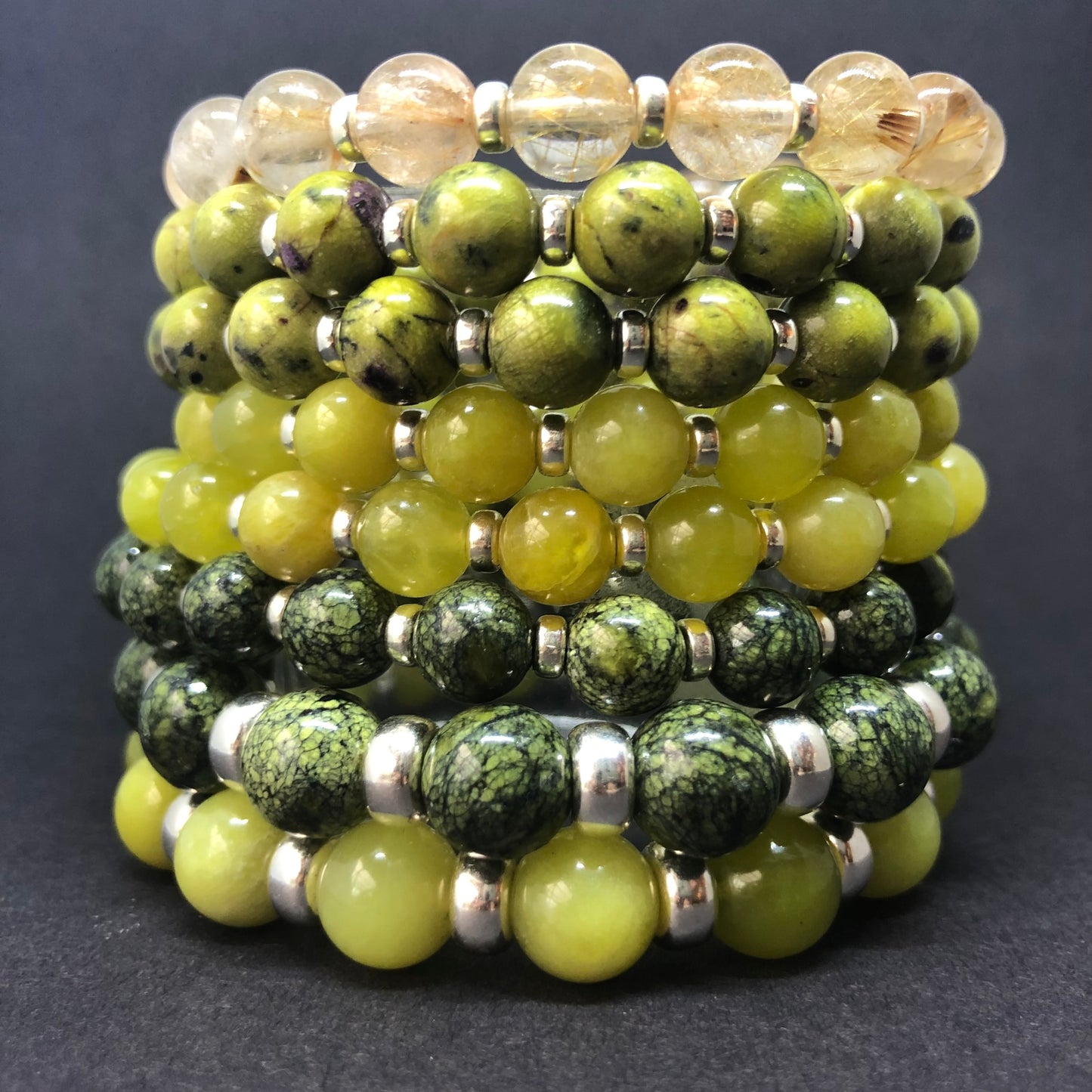 Olive Serpentine Power Bracelet With Sterling Silver & Healerite Tumble Stone