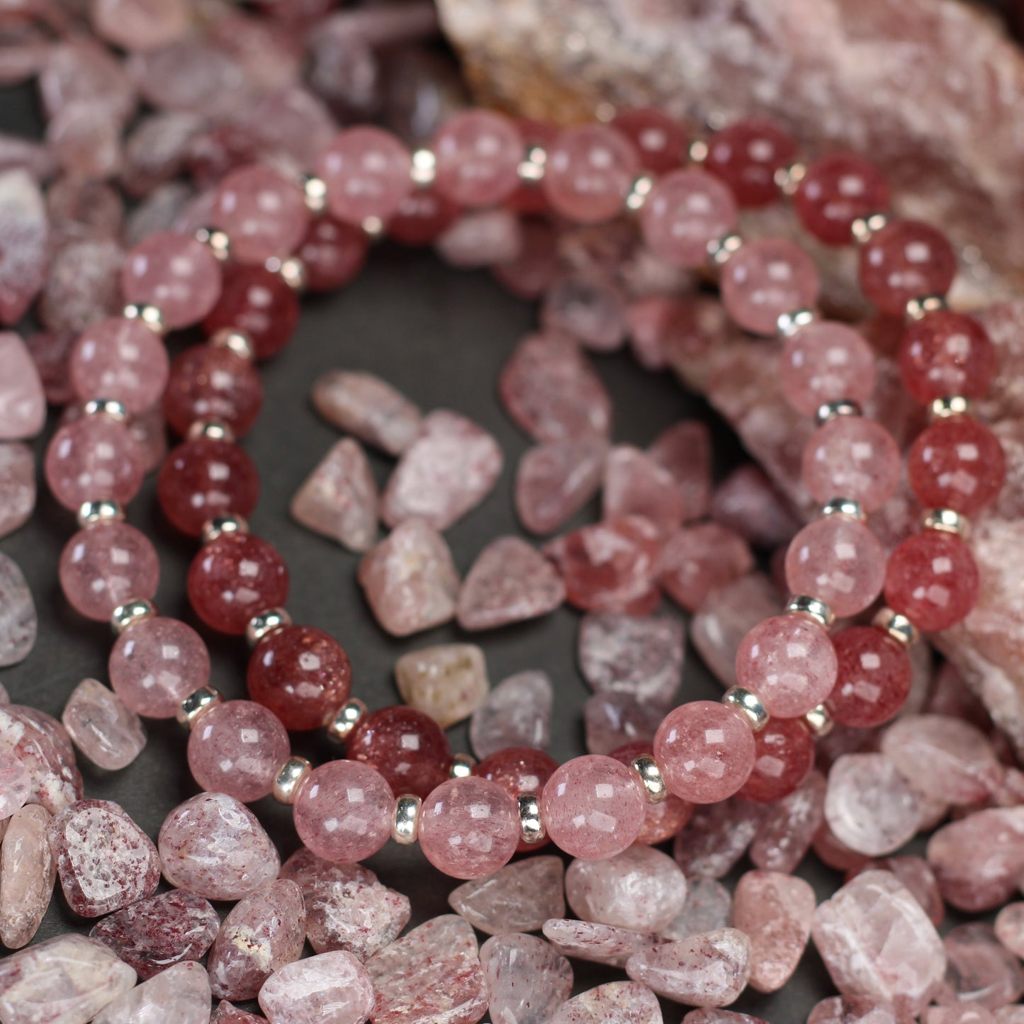 Strawberry Quartz Power Bracelet With Sterling Silver & Tumble Stone