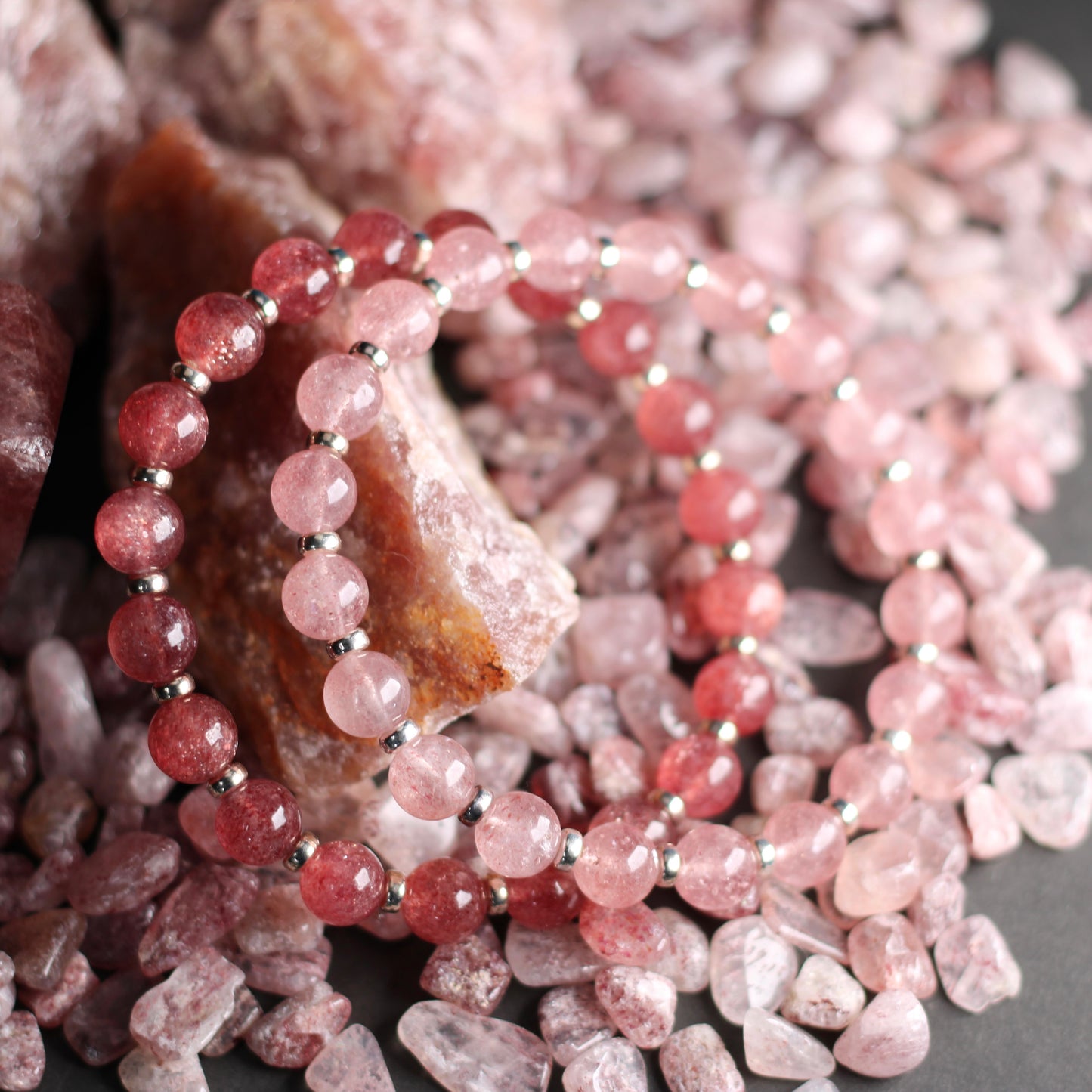 Strawberry Quartz AA Power Bracelet With Sterling Silver & Tumble Stone