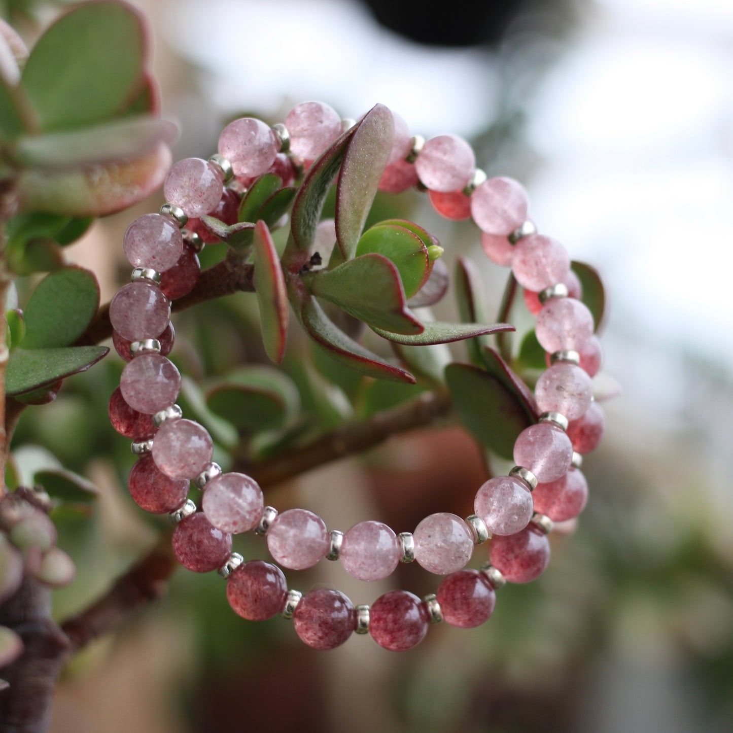 Strawberry Quartz AA Power Bracelet With Sterling Silver & Tumble Stone