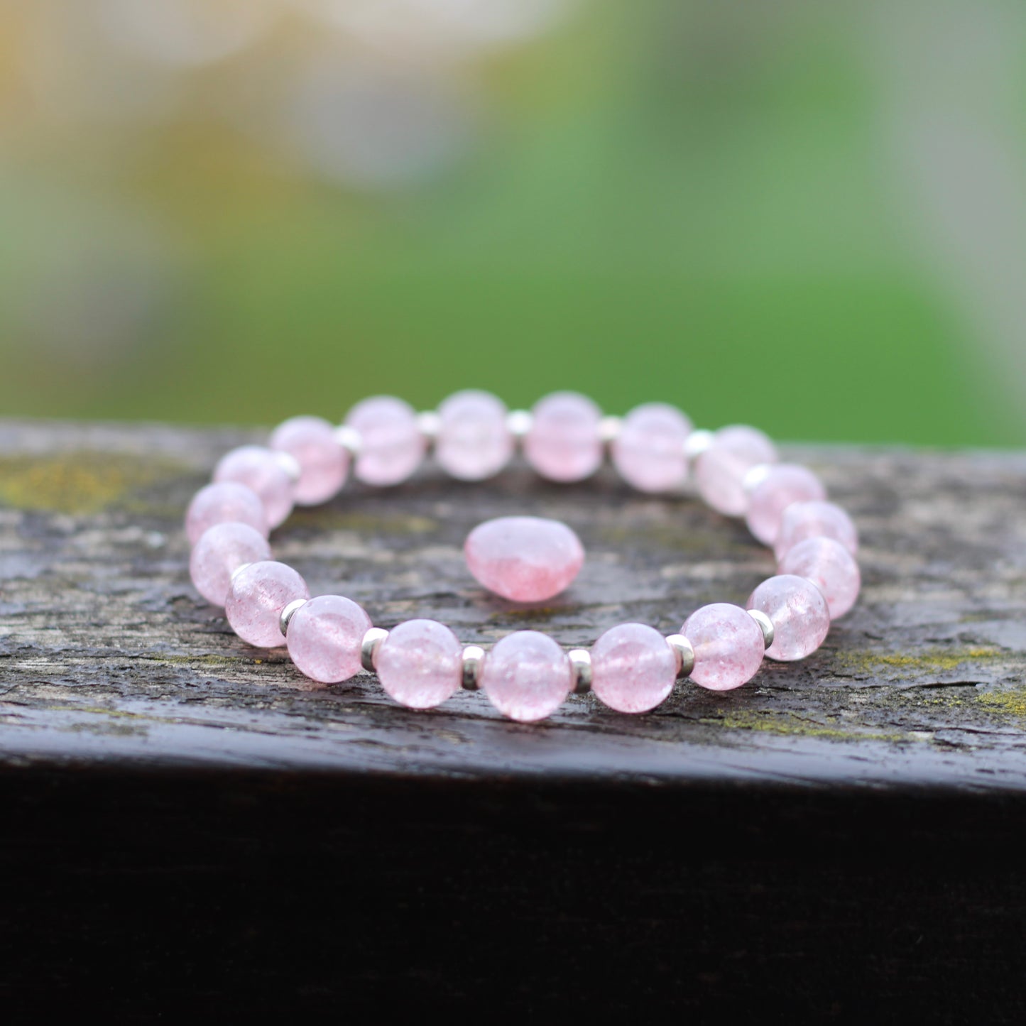 Strawberry Quartz Power Bracelet With Sterling Silver & Tumble Stone
