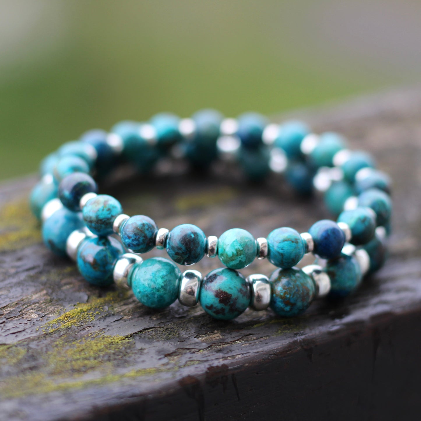 Chrysocolla & Azurite Power Bracelet With Sterling Silver & Tumble Stone