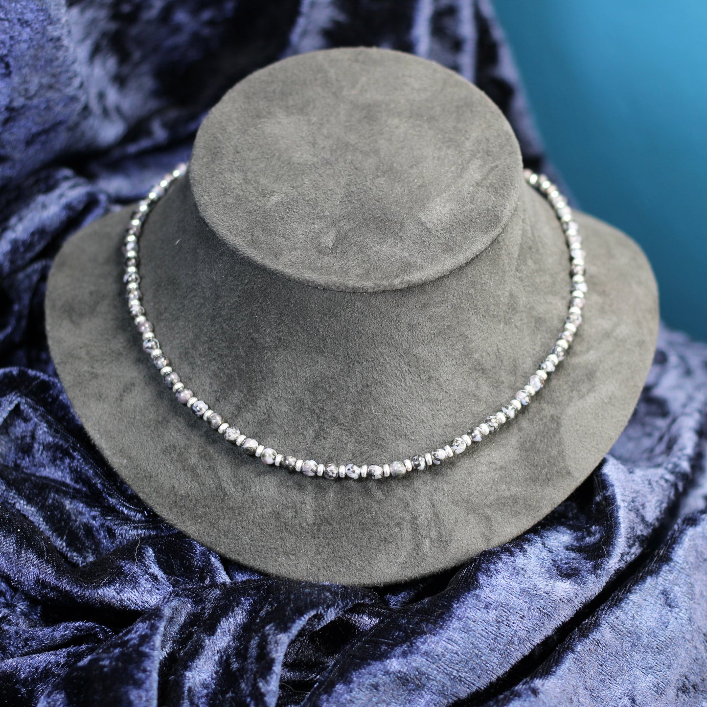 Indigo Gabbro Choker Necklace With Sterling Silver & Indigo Gabbro Tumble Stone