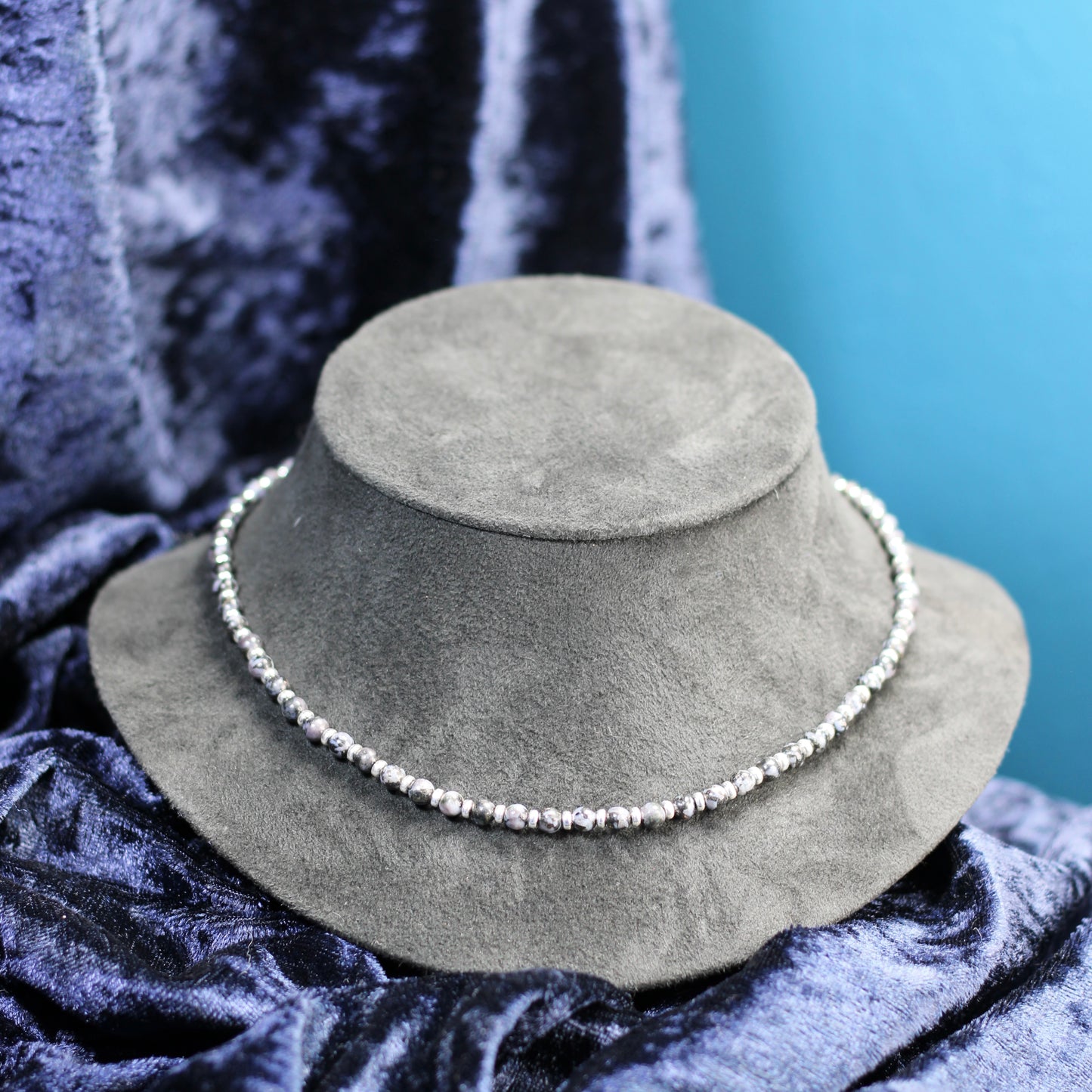 Indigo Gabbro Choker Necklace With Sterling Silver & Indigo Gabbro Tumble Stone