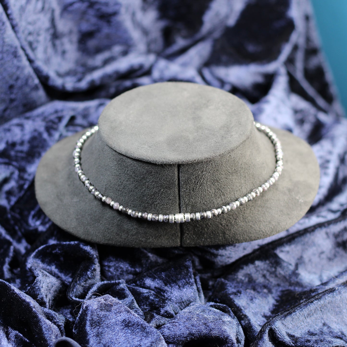 Indigo Gabbro Choker Necklace With Sterling Silver & Indigo Gabbro Tumble Stone