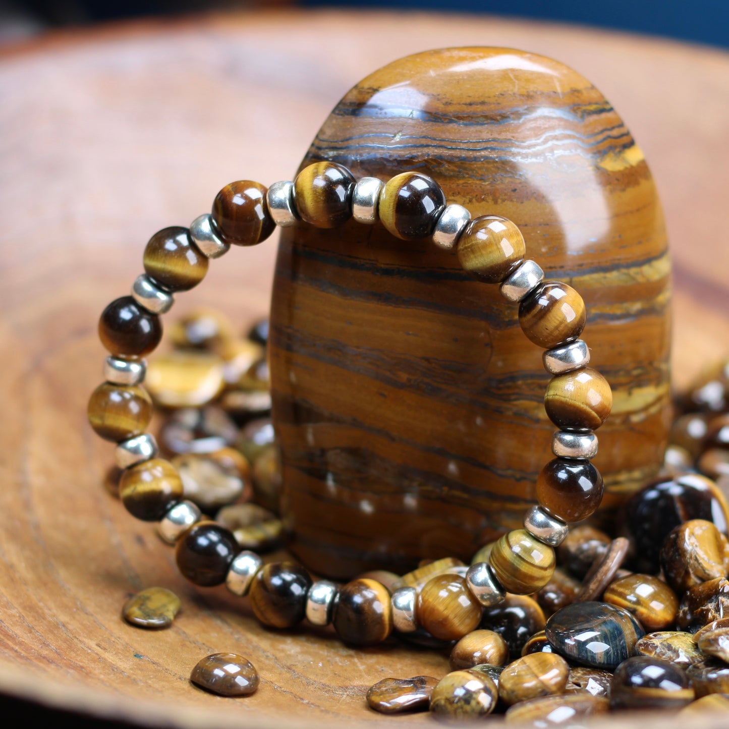 Tiger's Eye Chunky Power Bracelet With Sterling Silver & Heart