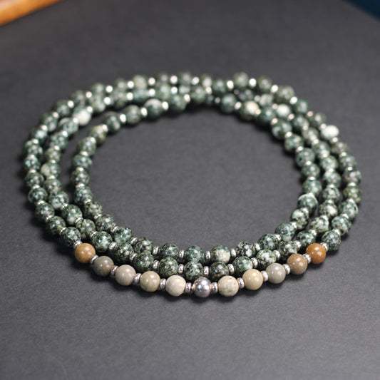 Preseli Bluestone & Sarsen Stonehenge Mala. 108 Bead Necklace And Sterling Silver Accent Bead. Free Dolorite Tumble Stone.
