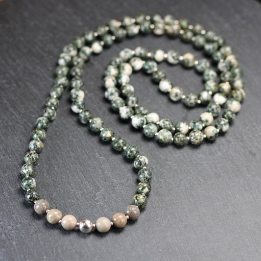 Preseli Bluestone & Sarsen Stonehenge Mala. 108 Bead Necklace And Sterling Silver Accent Bead. Free Dolorite Tumble Stone.