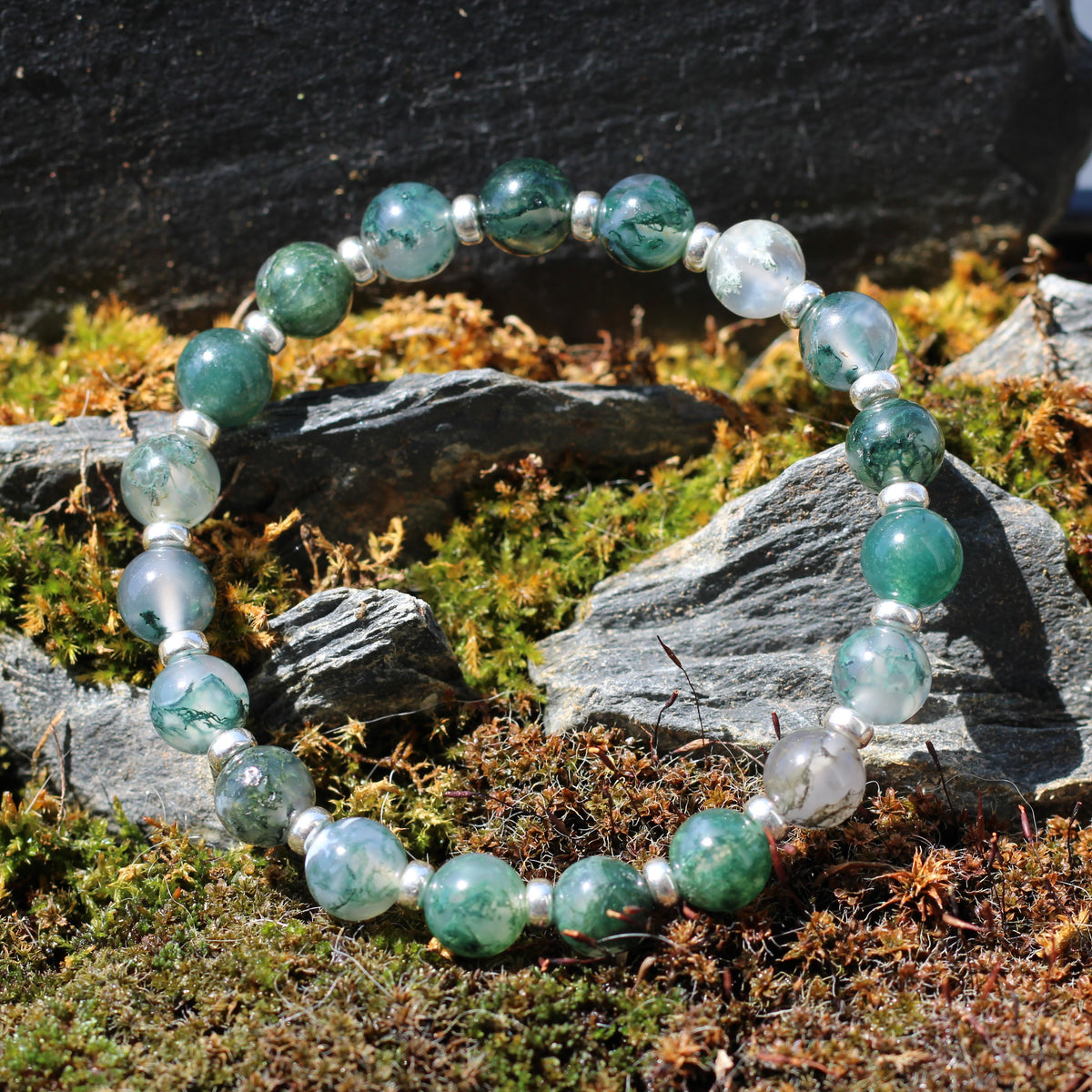 Moss Agate Power Bracelet With Sterling Silver & Tumble Stone