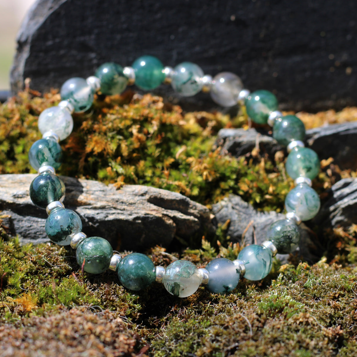 Moss Agate Power Bracelet With Sterling Silver & Tumble Stone