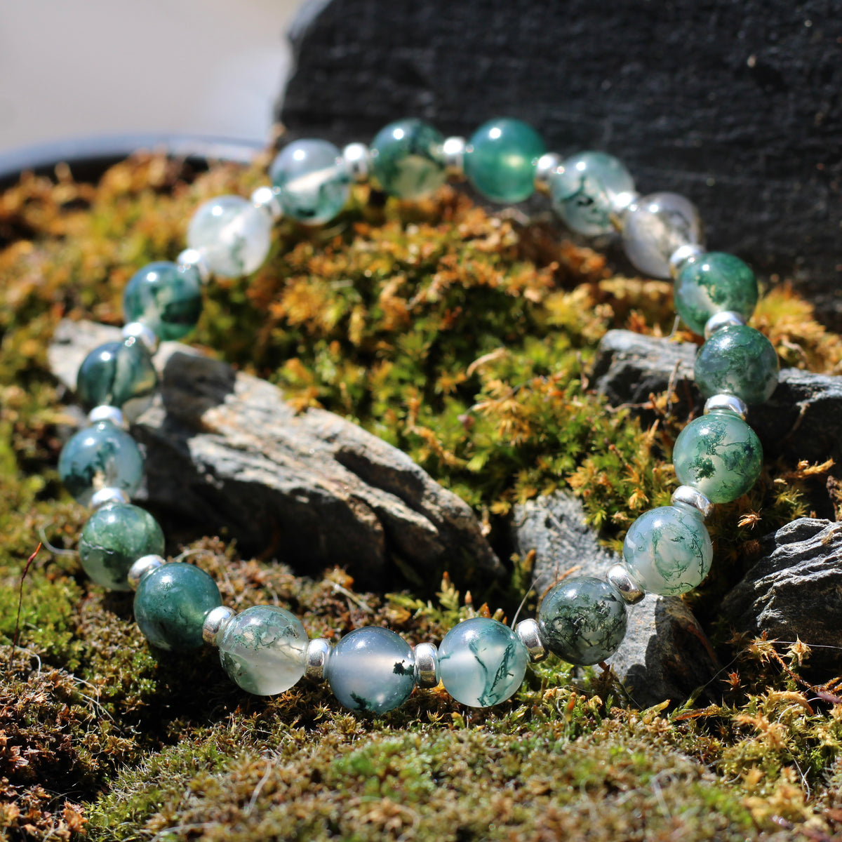 Moss Agate Power Bracelet With Sterling Silver & Tumble Stone