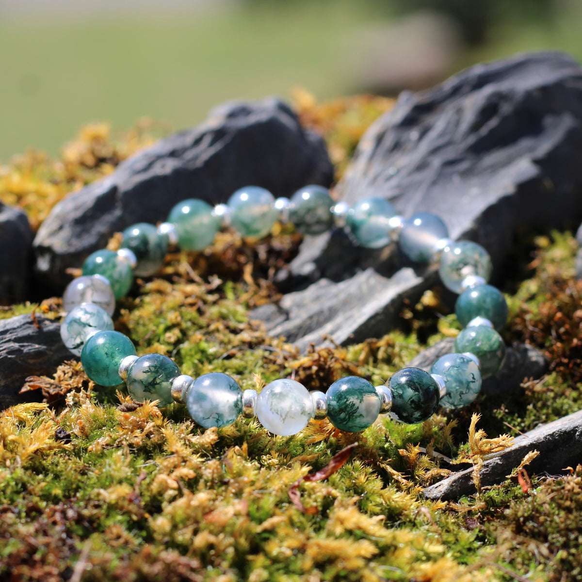 Moss Agate Power Bracelet With Sterling Silver & Tumble Stone
