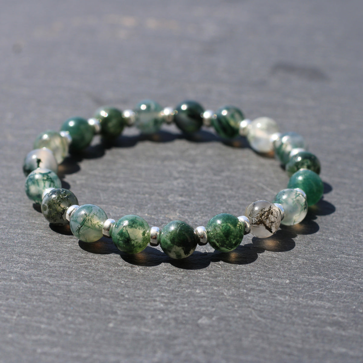 Moss Agate Power Bracelet With Sterling Silver & Tumble Stone